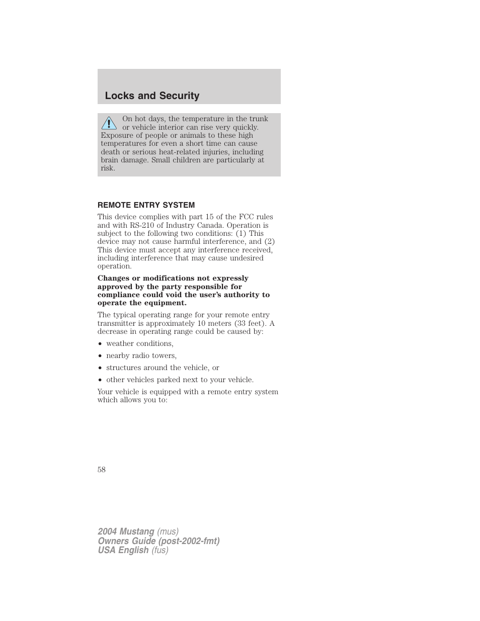 Locks and security | FORD 2004 Mustang v.2 User Manual | Page 58 / 240