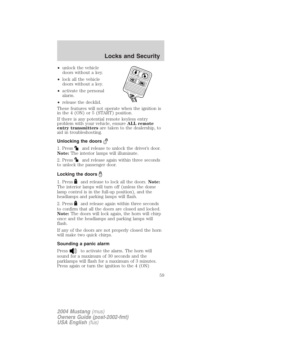Locks and security | FORD 2004 Mustang v.2 User Manual | Page 59 / 240