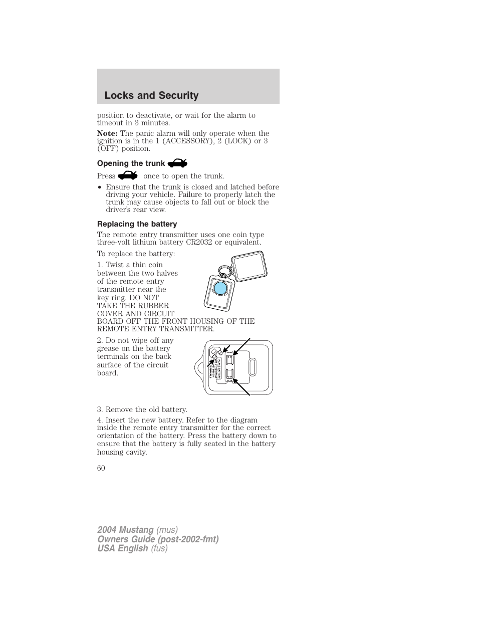 Locks and security | FORD 2004 Mustang v.2 User Manual | Page 60 / 240