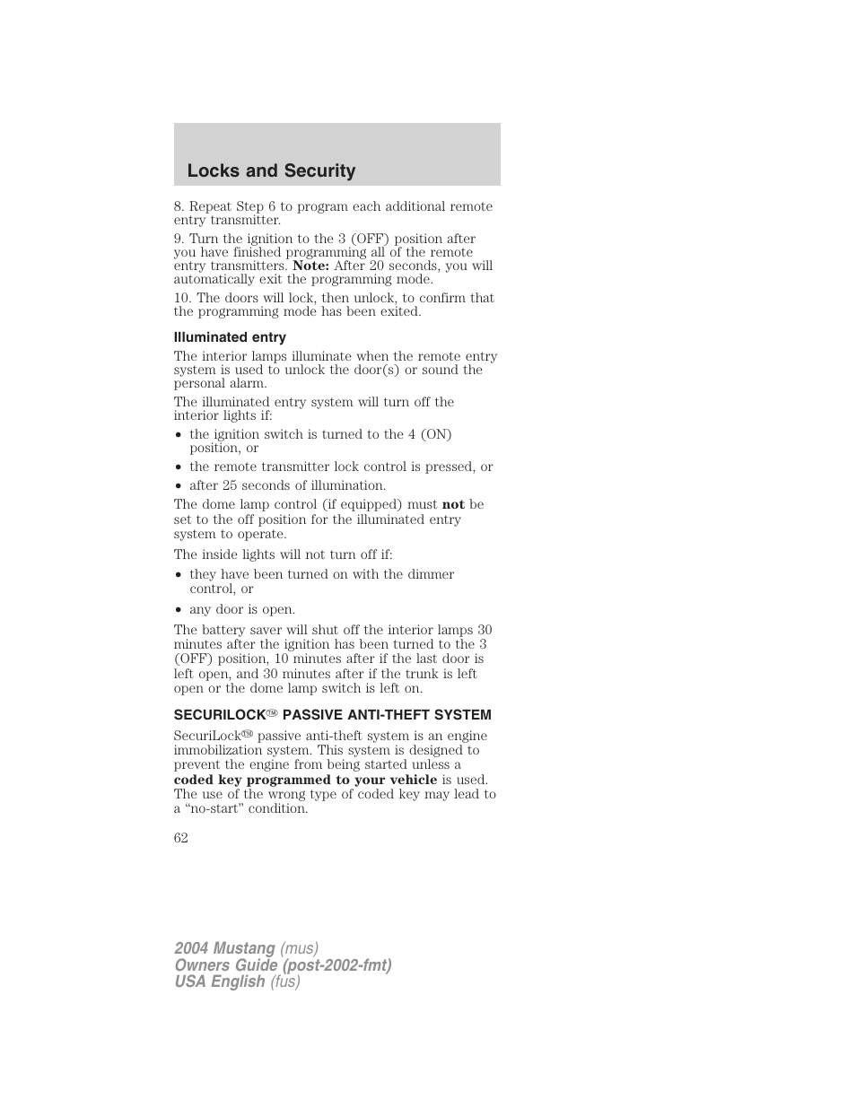 Locks and security | FORD 2004 Mustang v.2 User Manual | Page 62 / 240