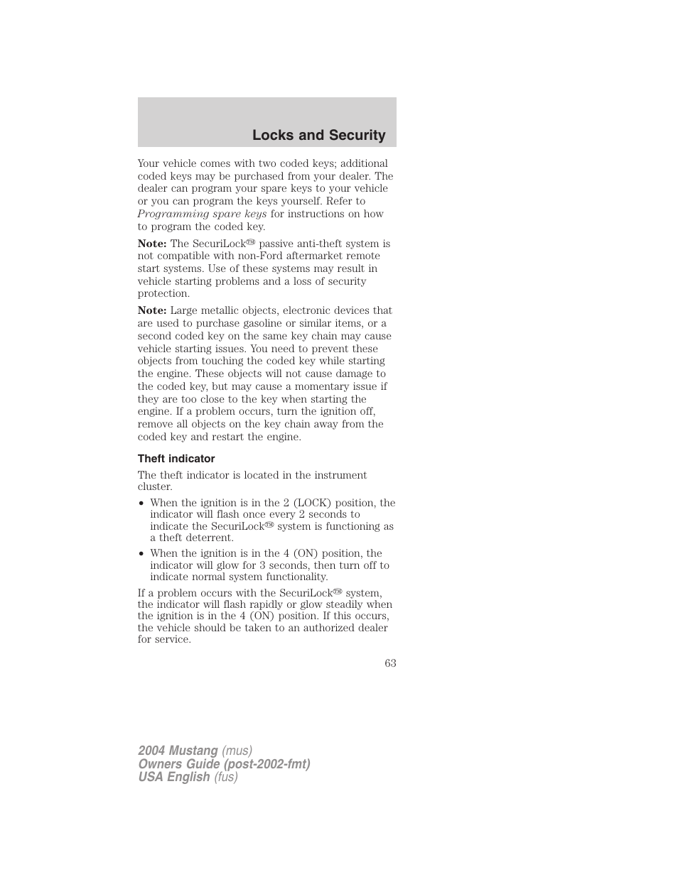 Locks and security | FORD 2004 Mustang v.2 User Manual | Page 63 / 240