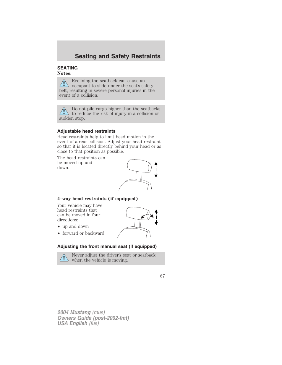 Seating and safety restraints | FORD 2004 Mustang v.2 User Manual | Page 67 / 240