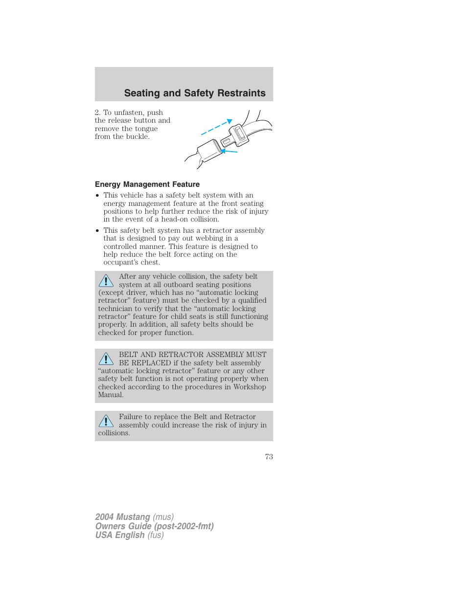 Seating and safety restraints | FORD 2004 Mustang v.2 User Manual | Page 73 / 240