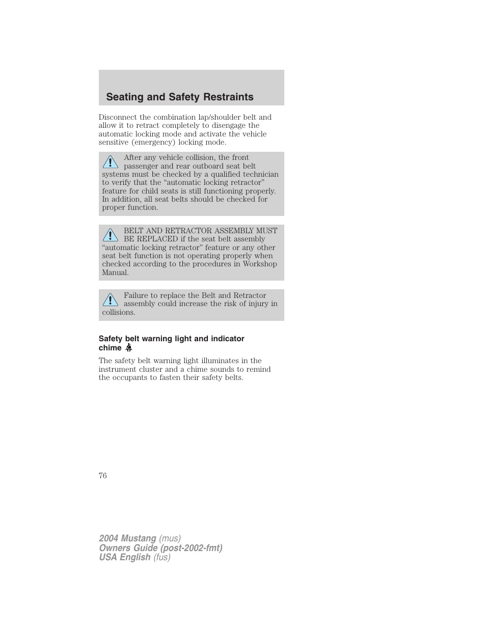 Seating and safety restraints | FORD 2004 Mustang v.2 User Manual | Page 76 / 240