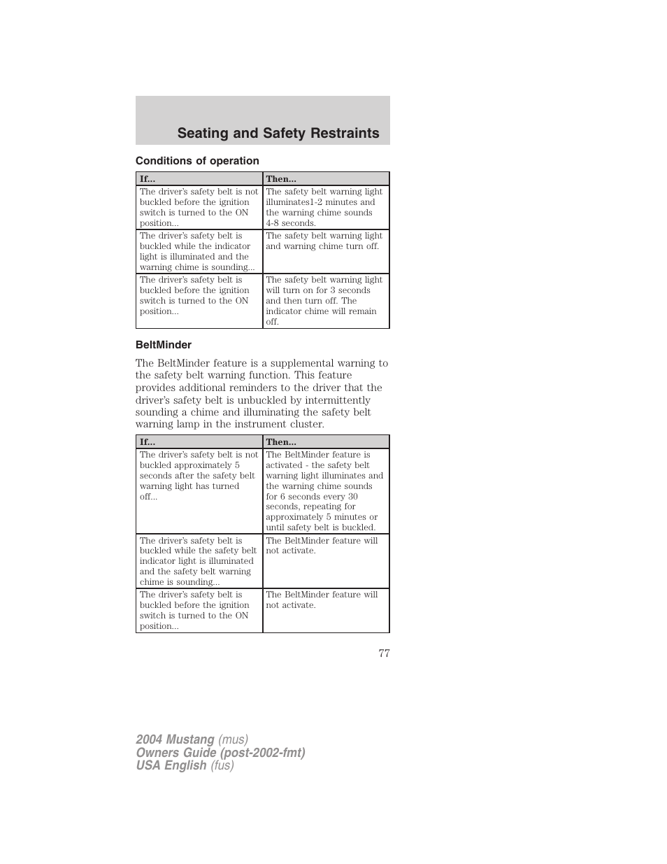 Seating and safety restraints | FORD 2004 Mustang v.2 User Manual | Page 77 / 240