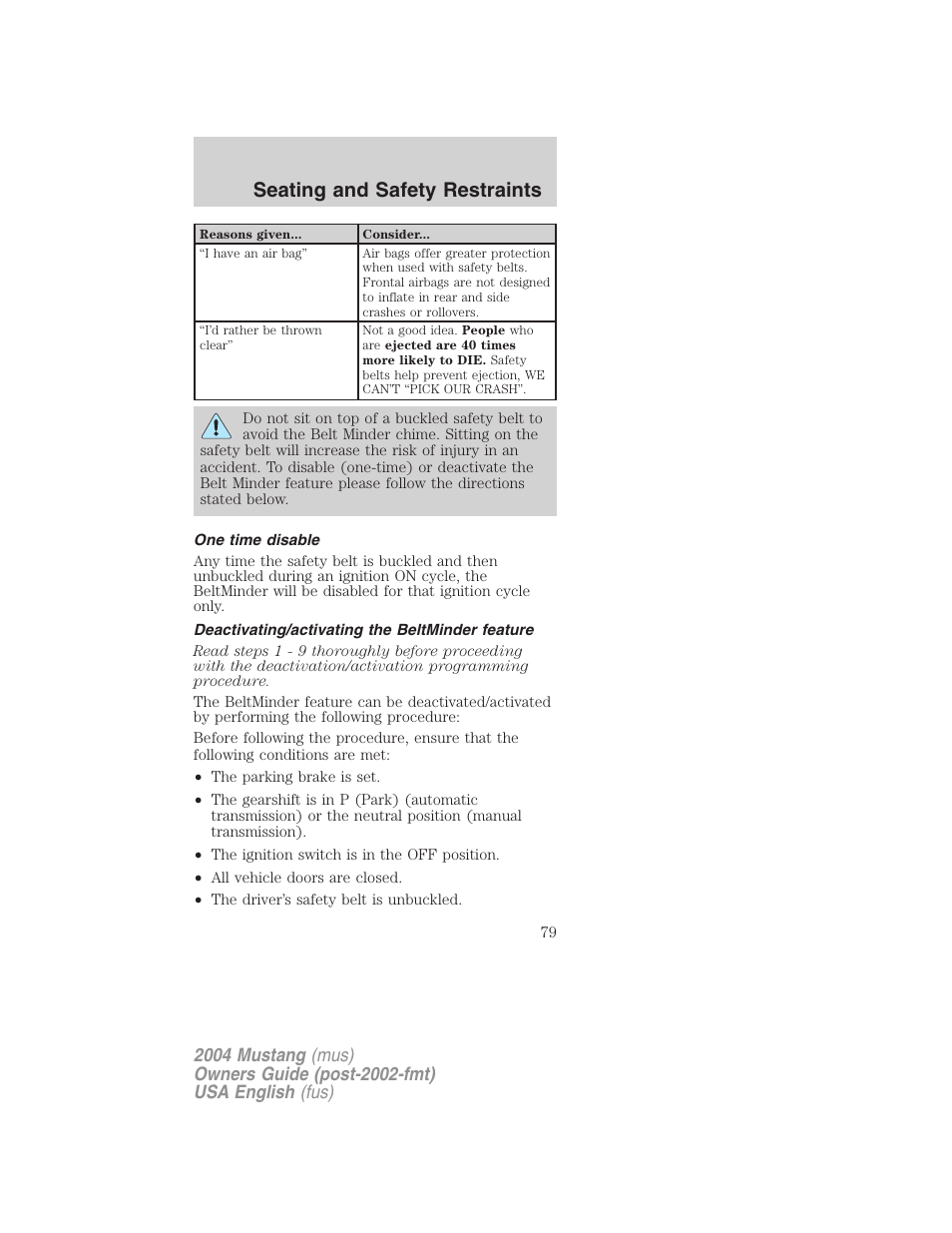 Seating and safety restraints | FORD 2004 Mustang v.2 User Manual | Page 79 / 240