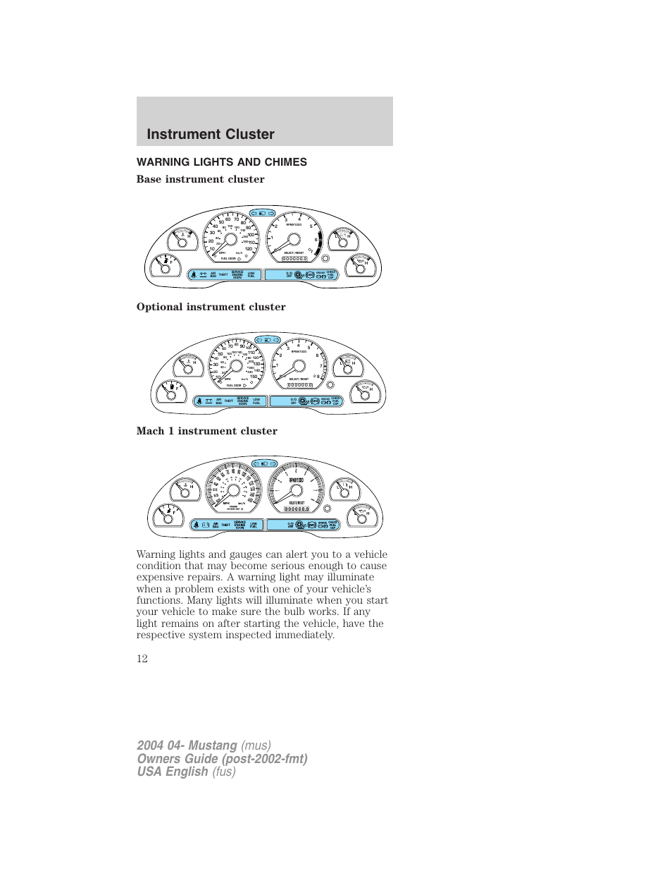 Instrument cluster | FORD 2004 Mustang v.3 User Manual | Page 12 / 240