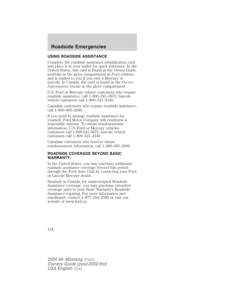 Roadside emergencies | FORD 2004 Mustang v.3 User Manual | Page 124 / 240