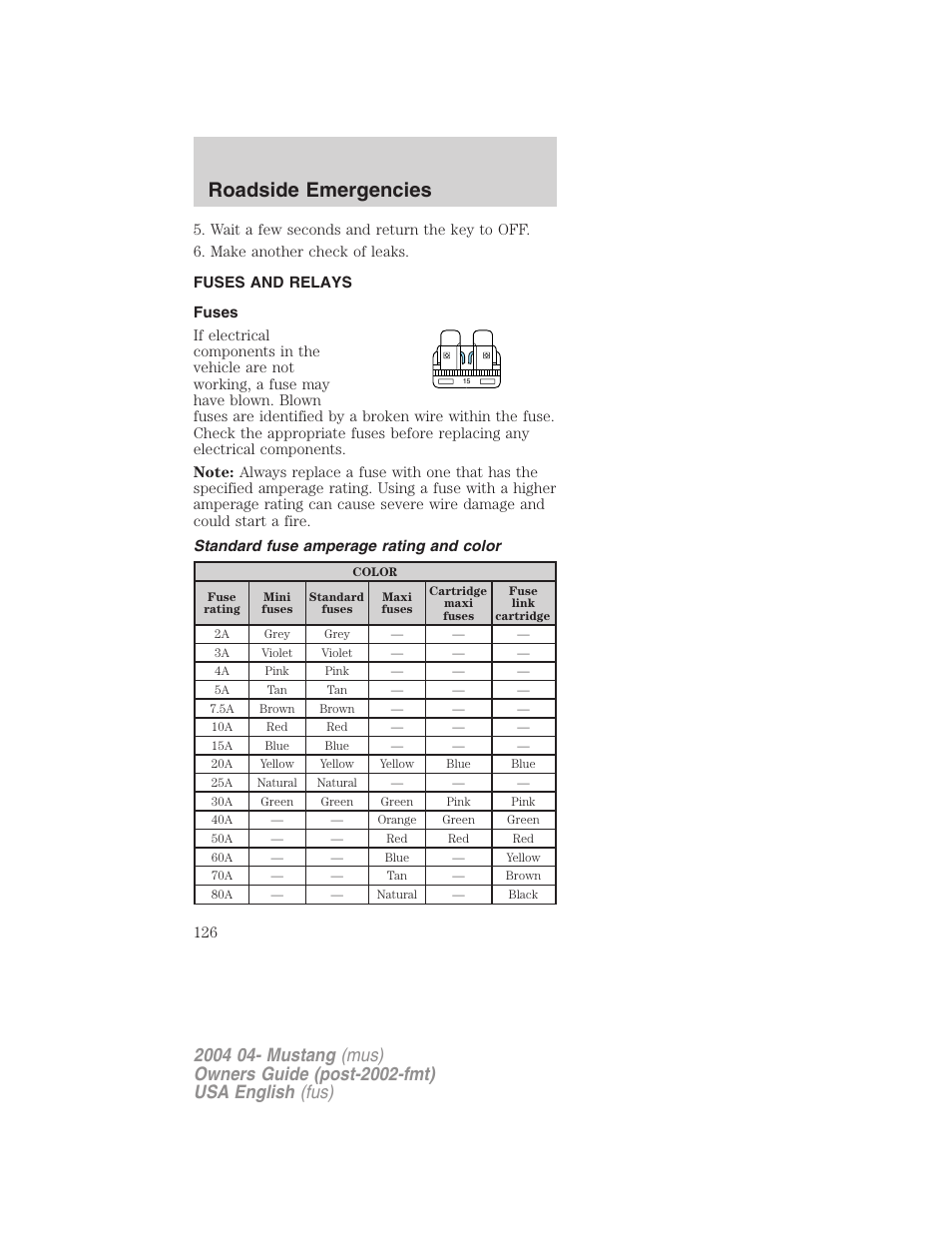 Roadside emergencies | FORD 2004 Mustang v.3 User Manual | Page 126 / 240