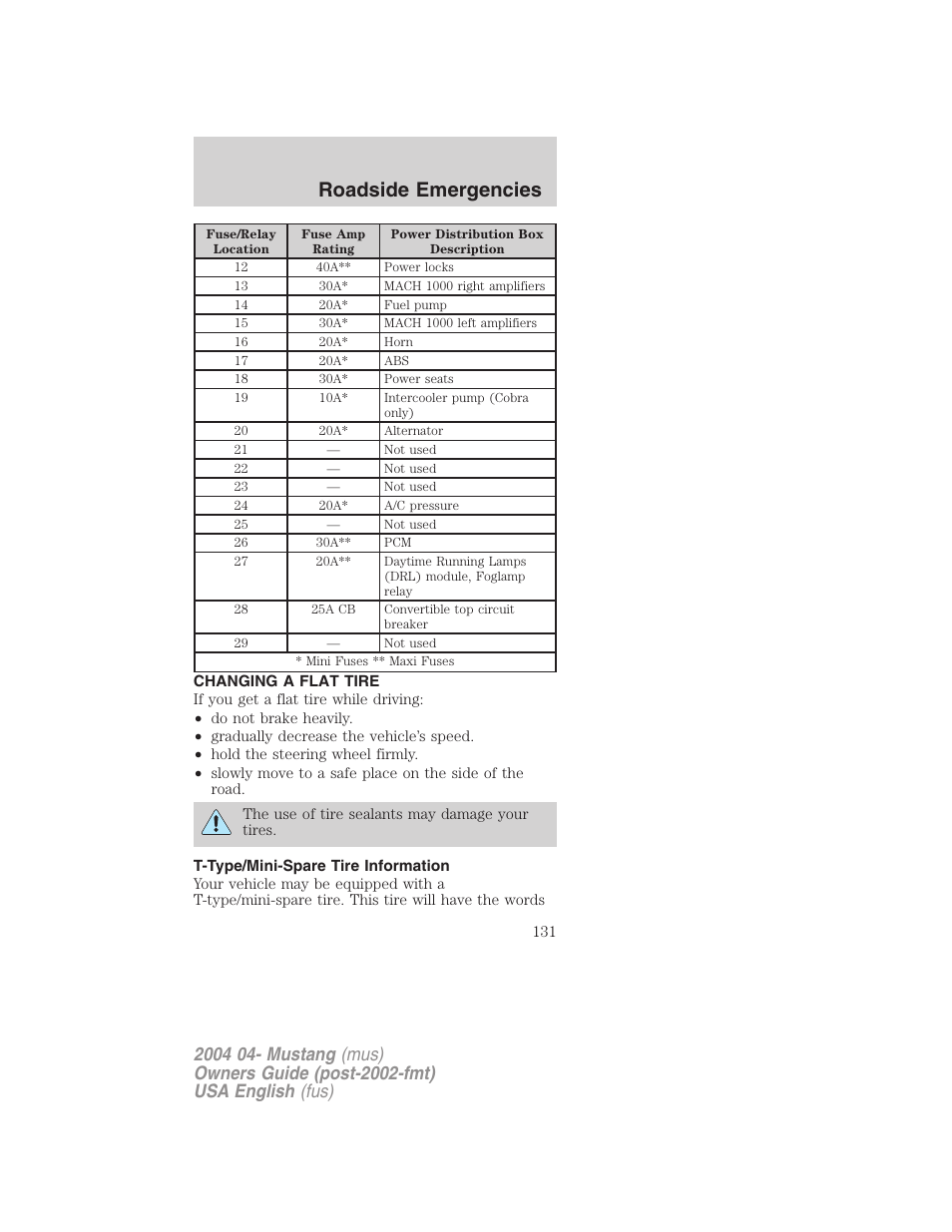 Roadside emergencies | FORD 2004 Mustang v.3 User Manual | Page 131 / 240