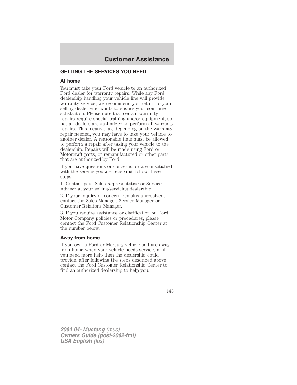 Customer assistance | FORD 2004 Mustang v.3 User Manual | Page 145 / 240