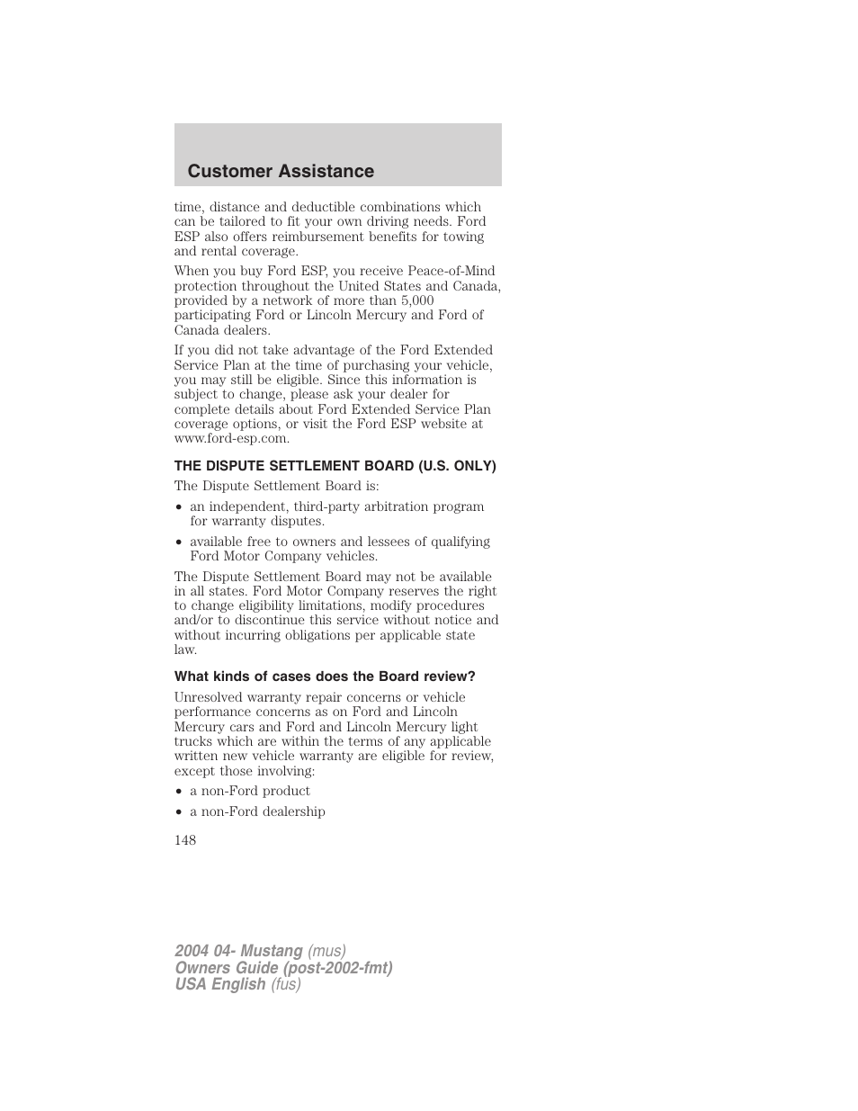 Customer assistance | FORD 2004 Mustang v.3 User Manual | Page 148 / 240