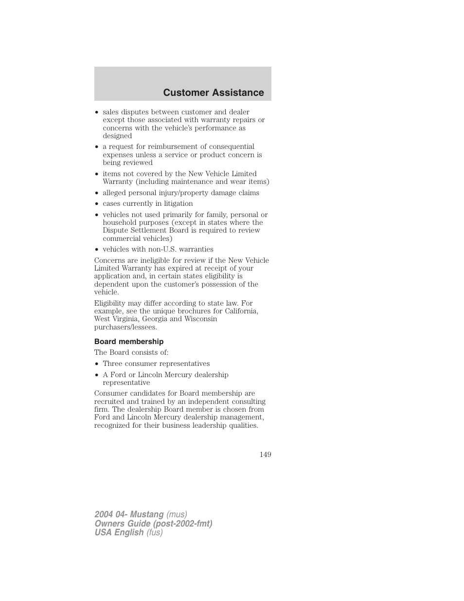 Customer assistance | FORD 2004 Mustang v.3 User Manual | Page 149 / 240