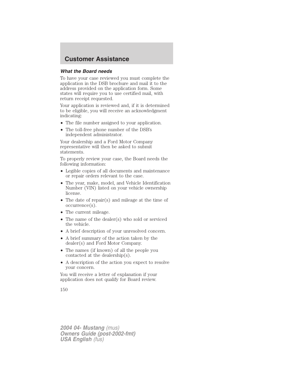 Customer assistance | FORD 2004 Mustang v.3 User Manual | Page 150 / 240