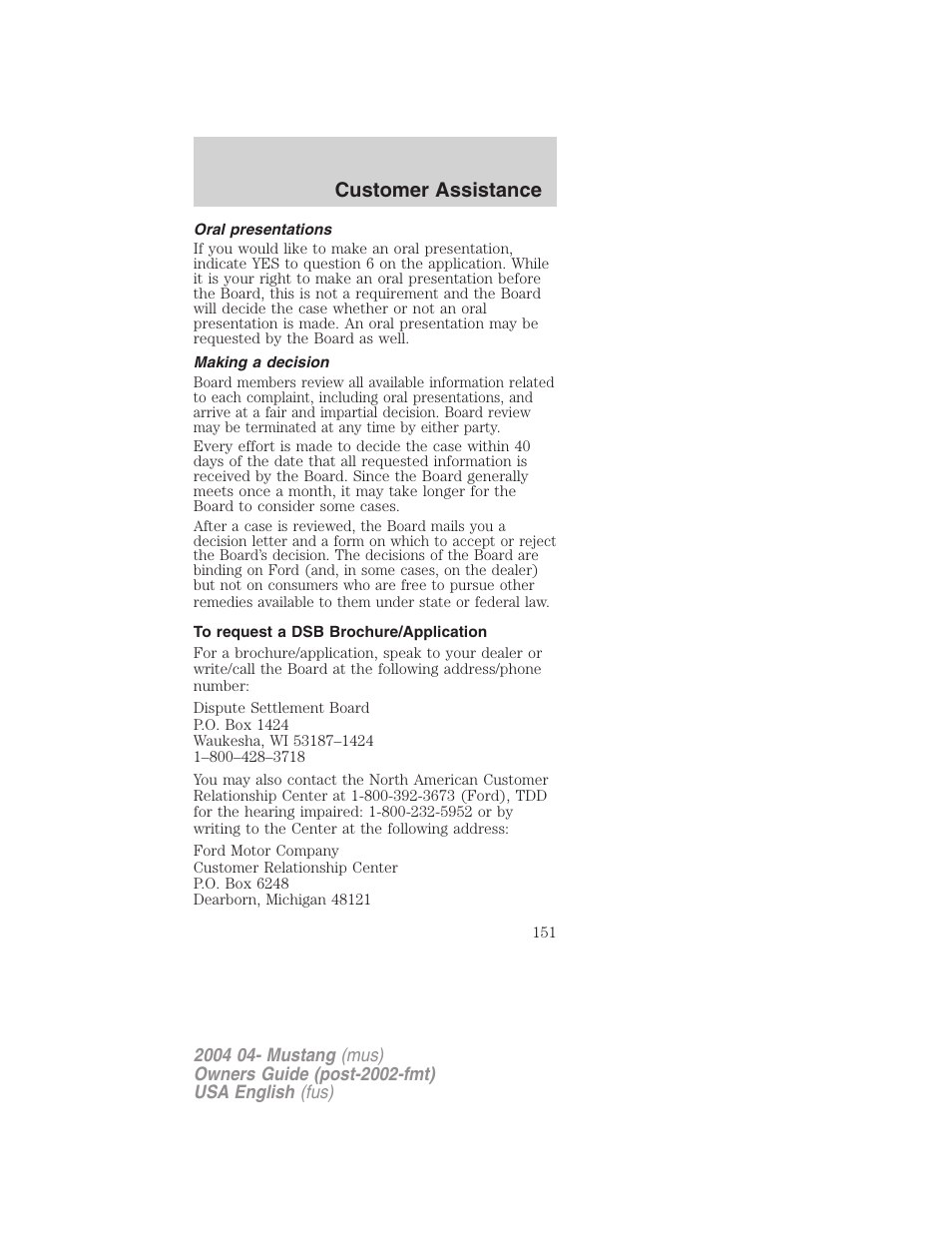 Customer assistance | FORD 2004 Mustang v.3 User Manual | Page 151 / 240