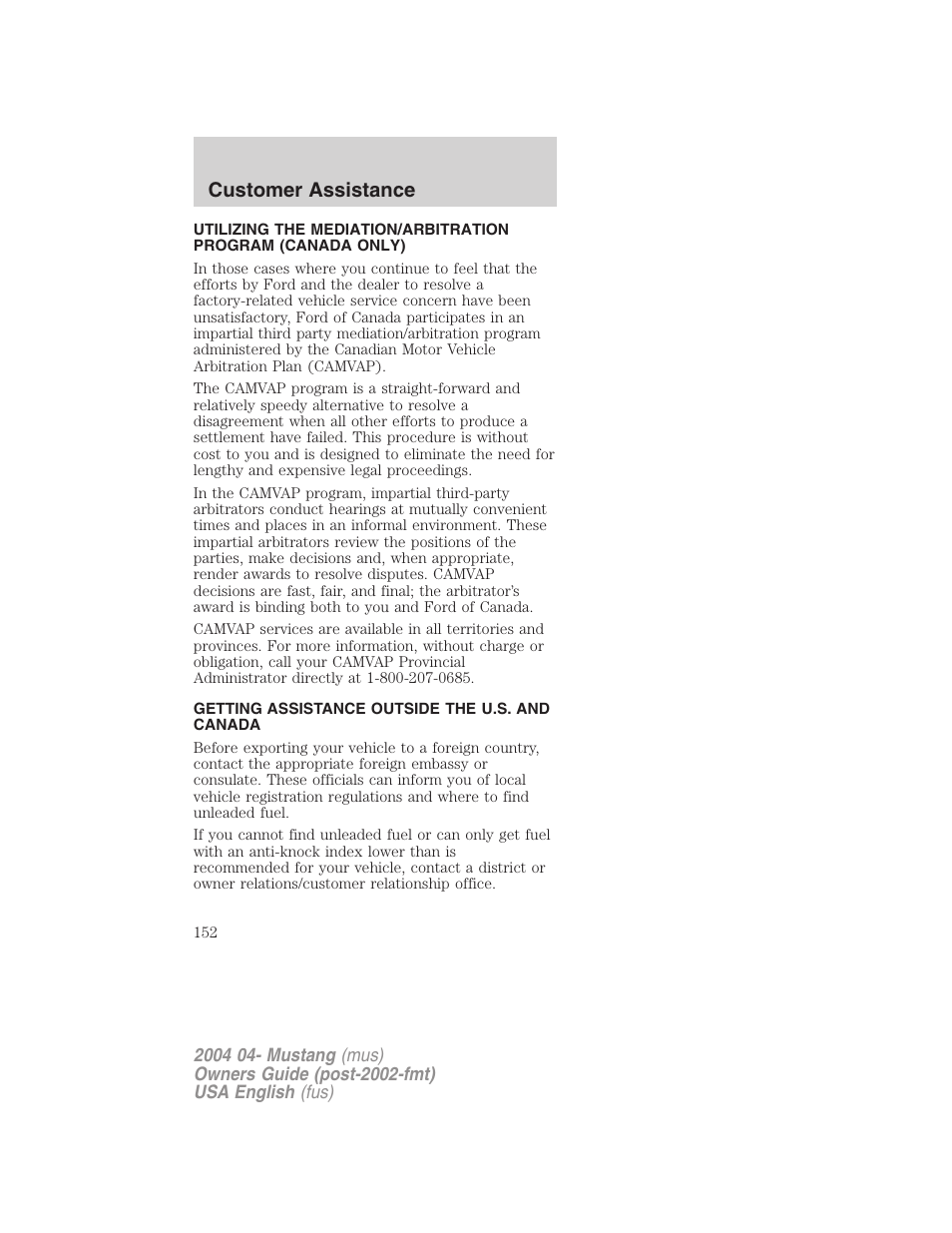 Customer assistance | FORD 2004 Mustang v.3 User Manual | Page 152 / 240