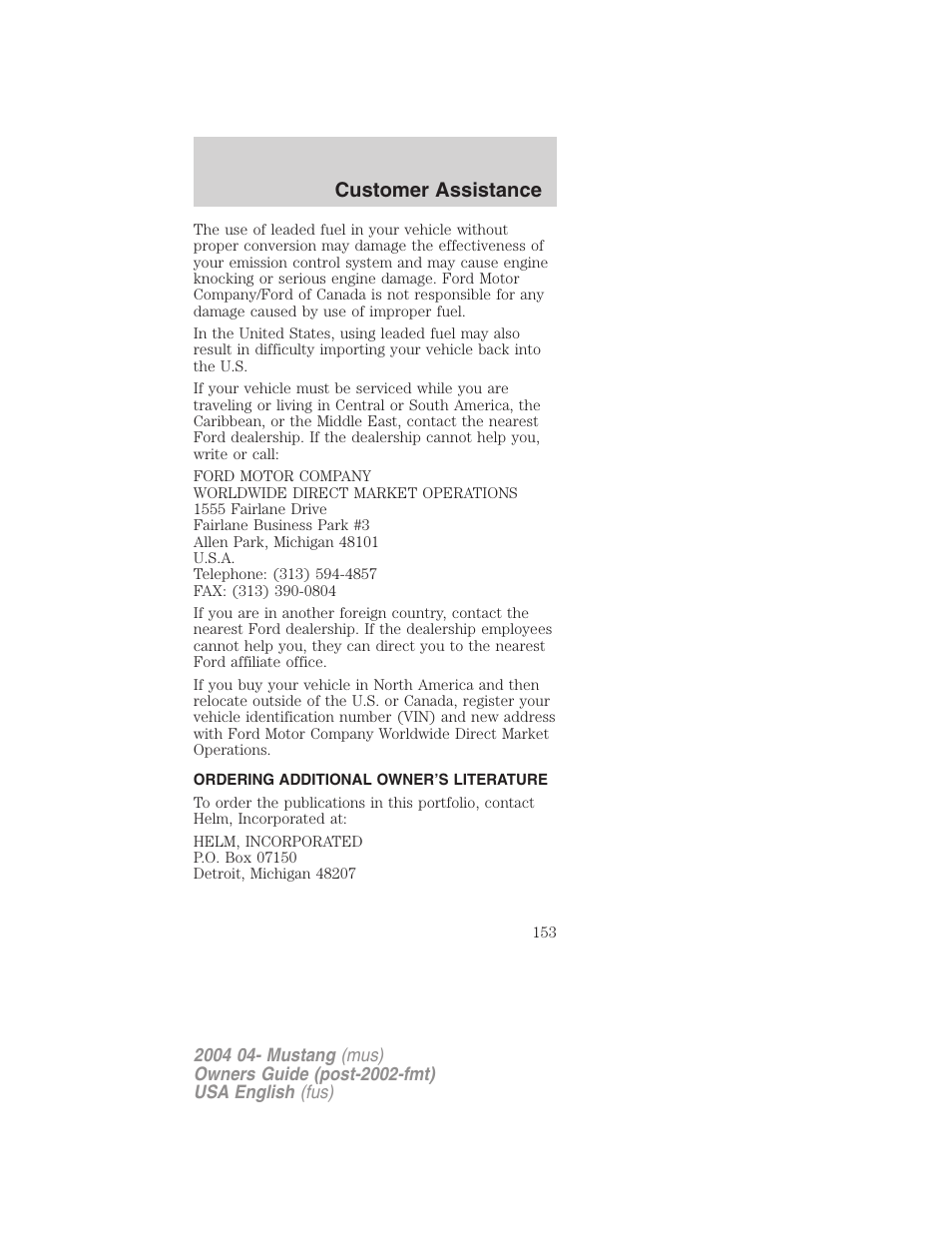 Customer assistance | FORD 2004 Mustang v.3 User Manual | Page 153 / 240