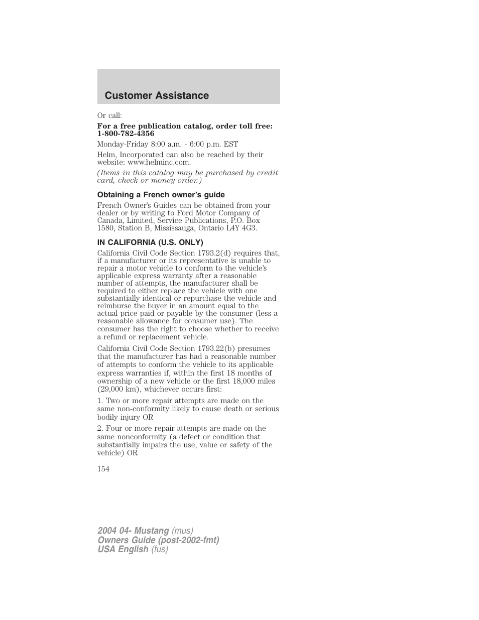 Customer assistance | FORD 2004 Mustang v.3 User Manual | Page 154 / 240