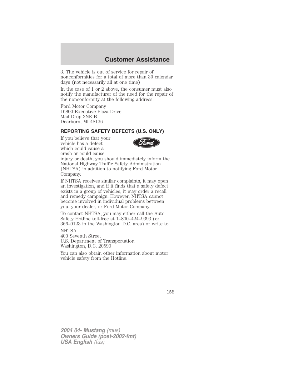 Customer assistance | FORD 2004 Mustang v.3 User Manual | Page 155 / 240