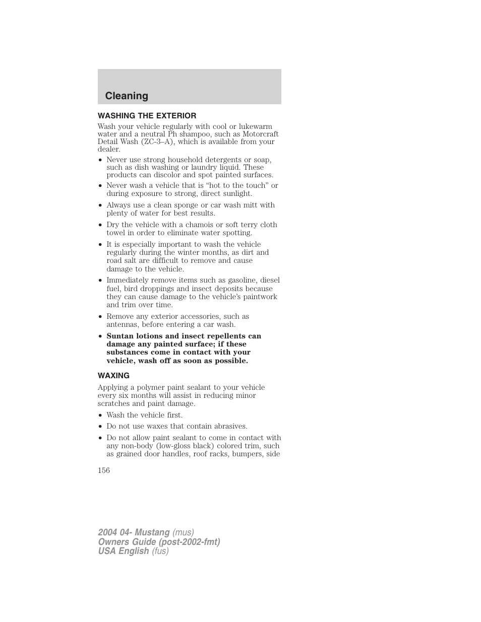 Cleaning | FORD 2004 Mustang v.3 User Manual | Page 156 / 240