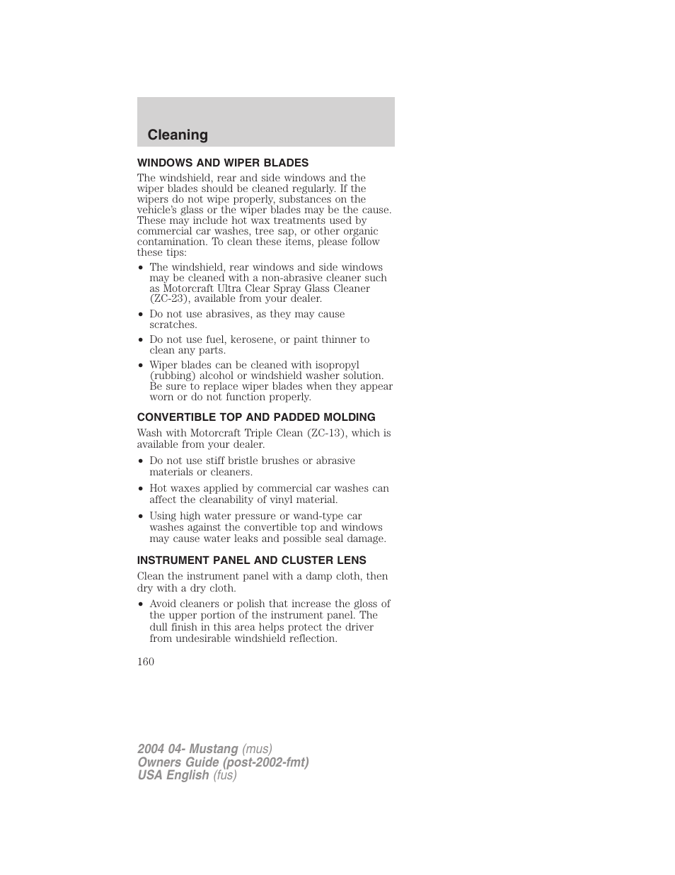 Cleaning | FORD 2004 Mustang v.3 User Manual | Page 160 / 240