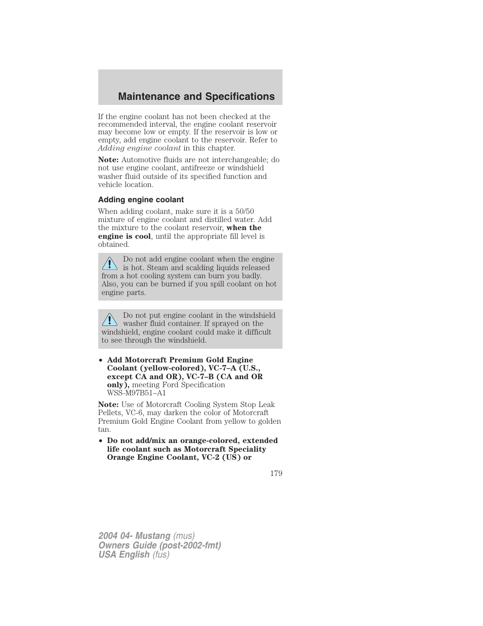 Maintenance and specifications | FORD 2004 Mustang v.3 User Manual | Page 179 / 240