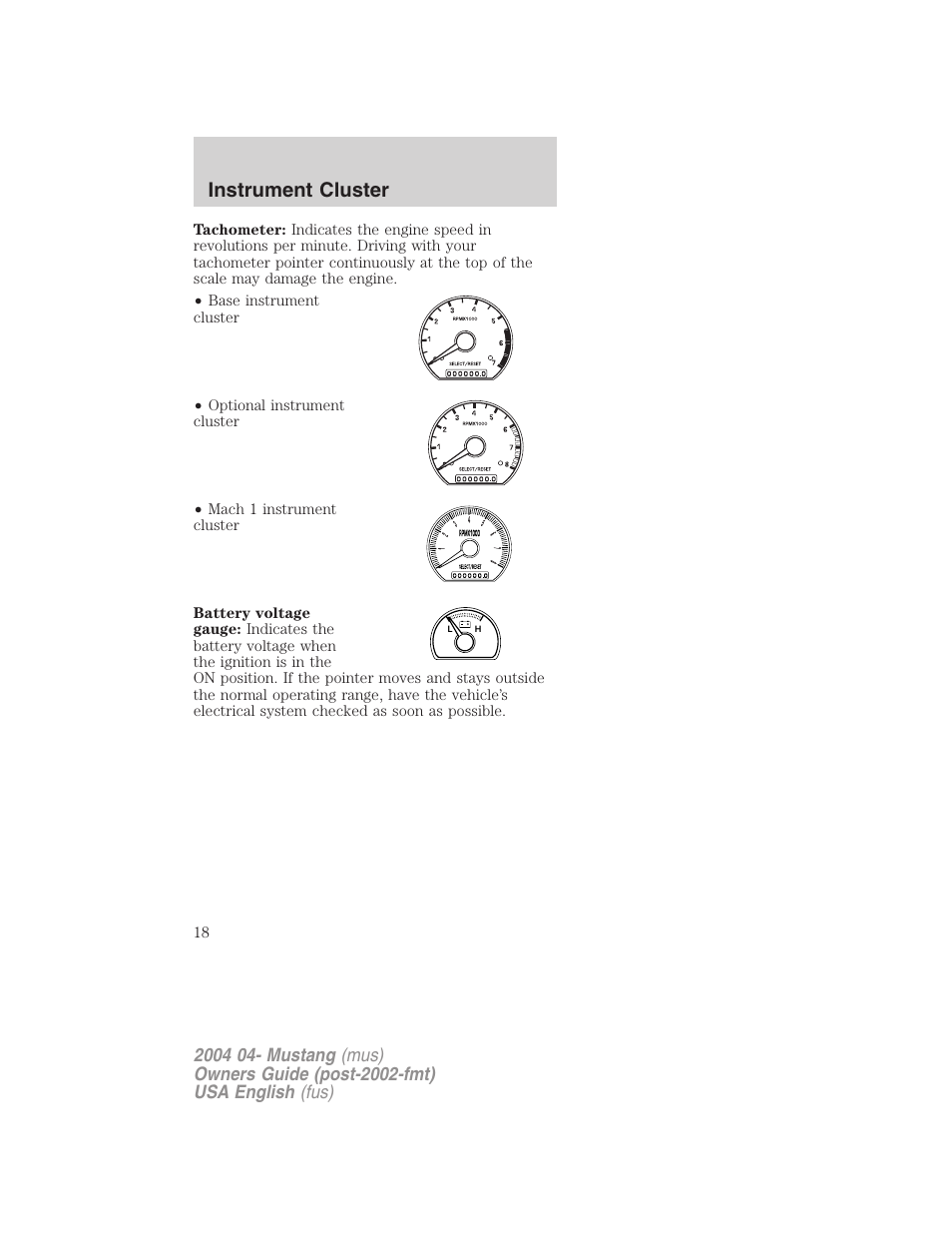 Instrument cluster | FORD 2004 Mustang v.3 User Manual | Page 18 / 240