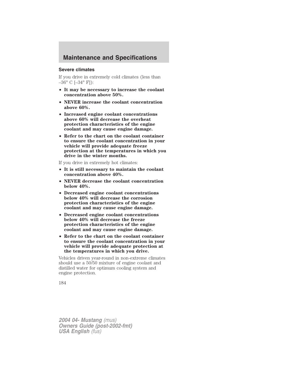 Maintenance and specifications | FORD 2004 Mustang v.3 User Manual | Page 184 / 240