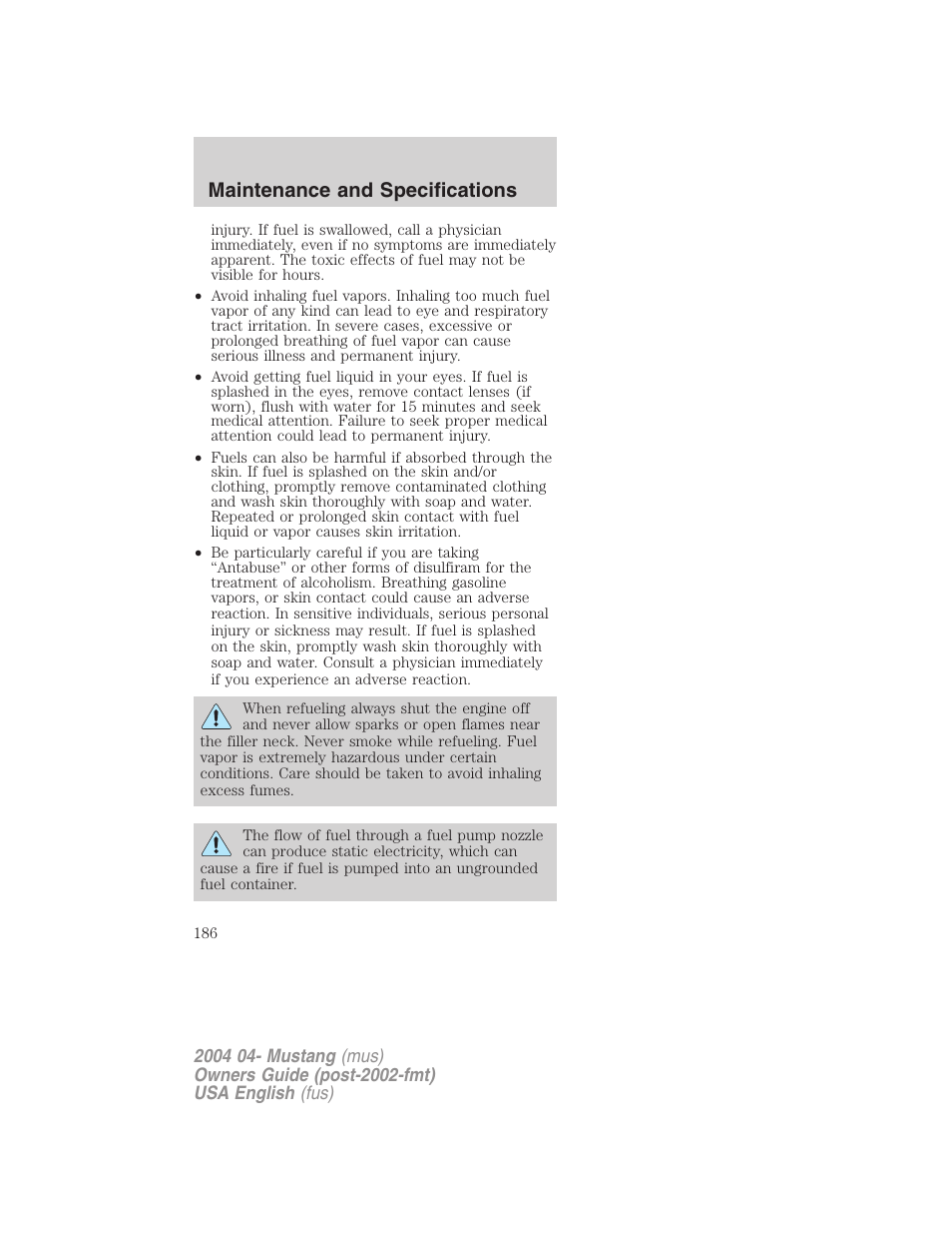 Maintenance and specifications | FORD 2004 Mustang v.3 User Manual | Page 186 / 240