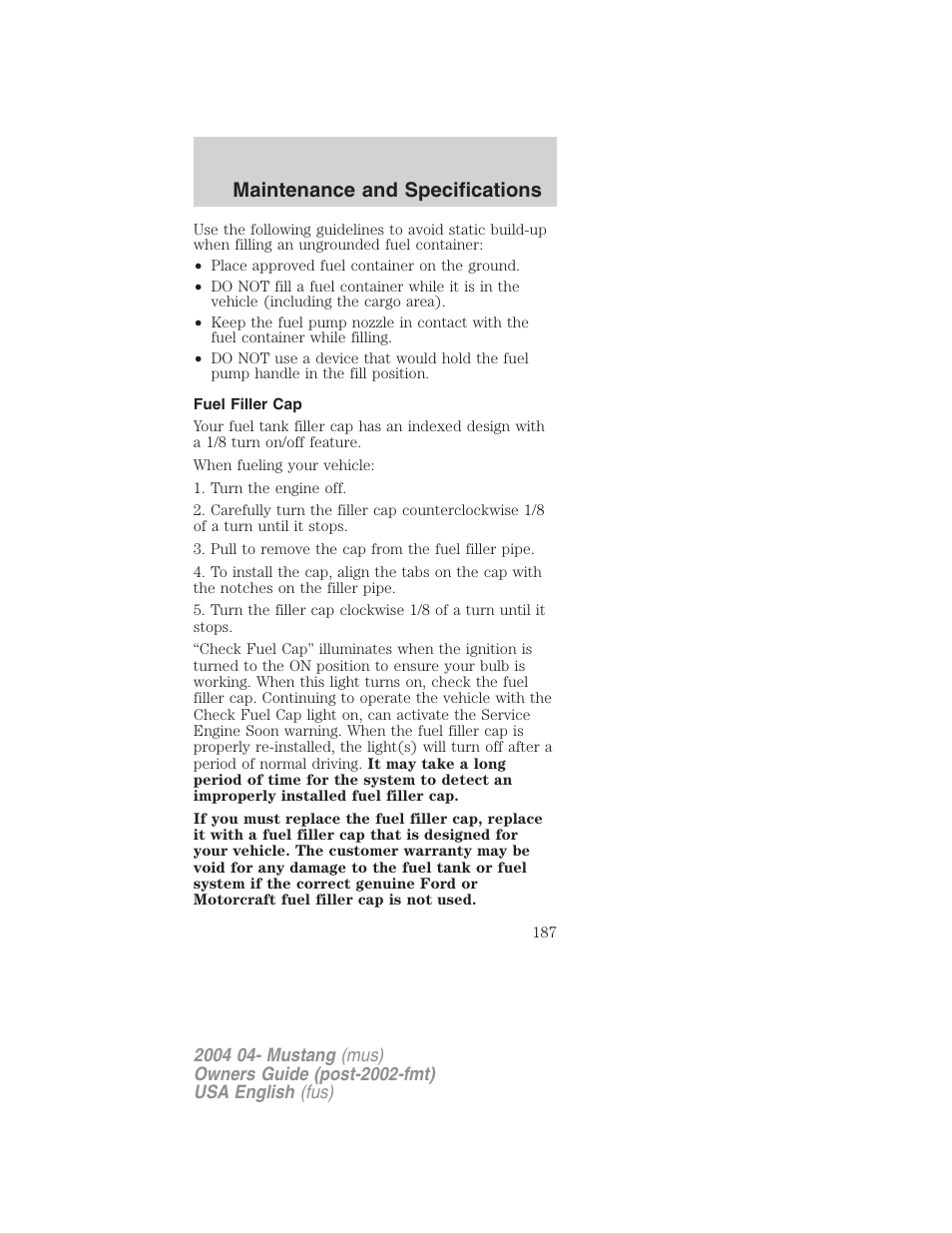 Maintenance and specifications | FORD 2004 Mustang v.3 User Manual | Page 187 / 240