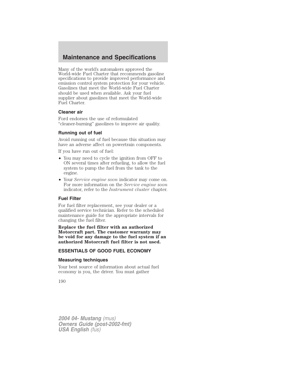 Maintenance and specifications | FORD 2004 Mustang v.3 User Manual | Page 190 / 240