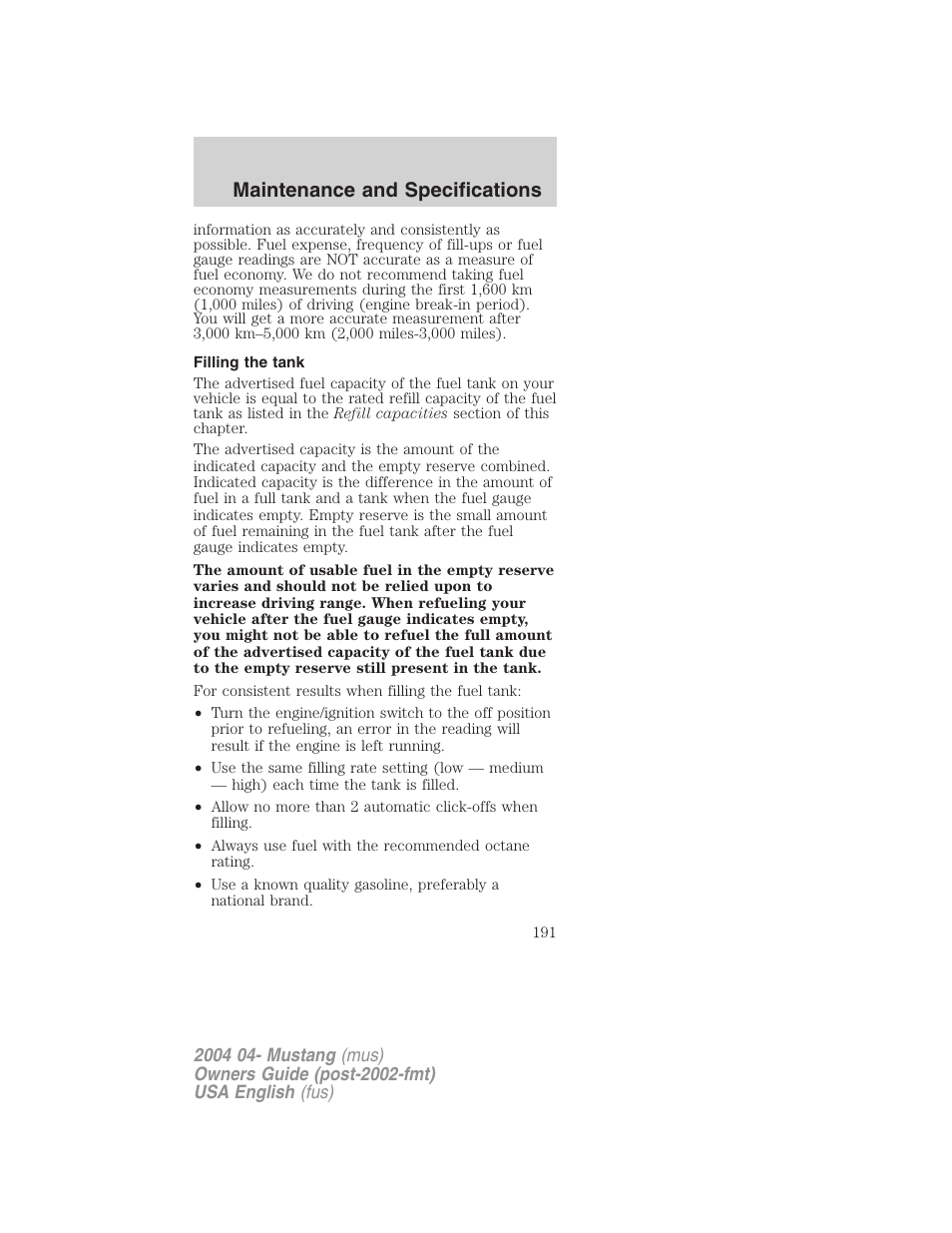 Maintenance and specifications | FORD 2004 Mustang v.3 User Manual | Page 191 / 240