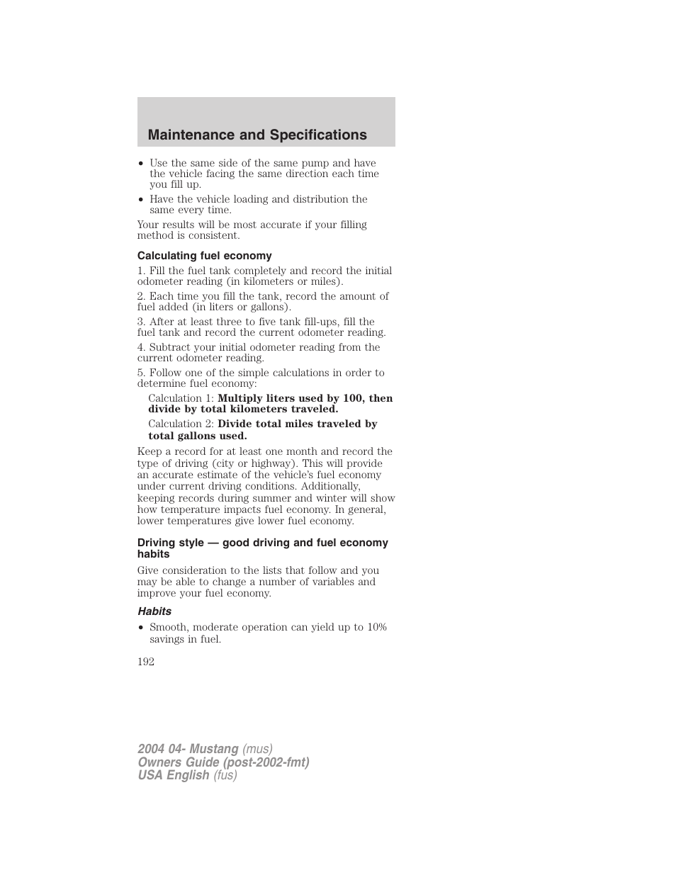 Maintenance and specifications | FORD 2004 Mustang v.3 User Manual | Page 192 / 240