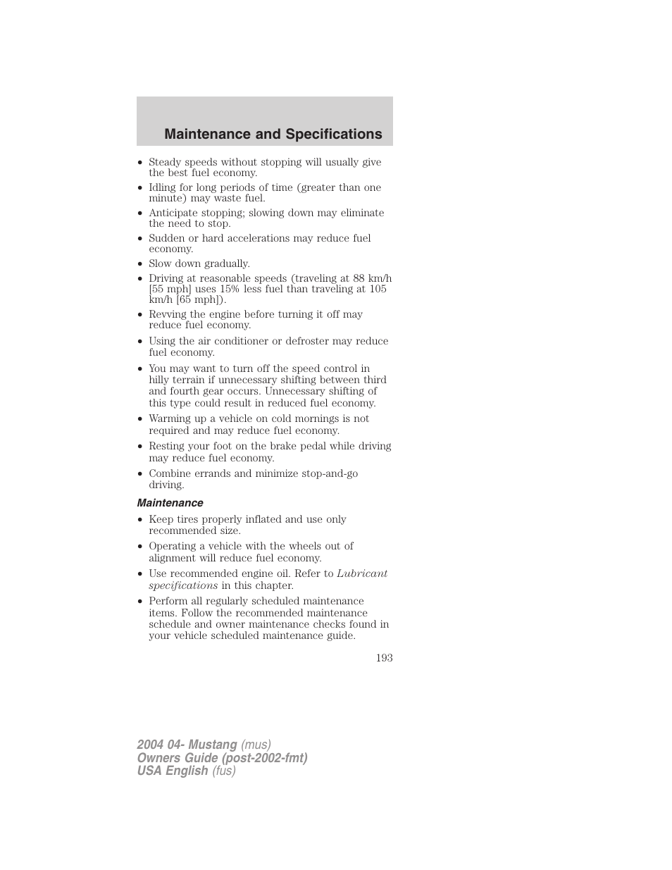 Maintenance and specifications | FORD 2004 Mustang v.3 User Manual | Page 193 / 240