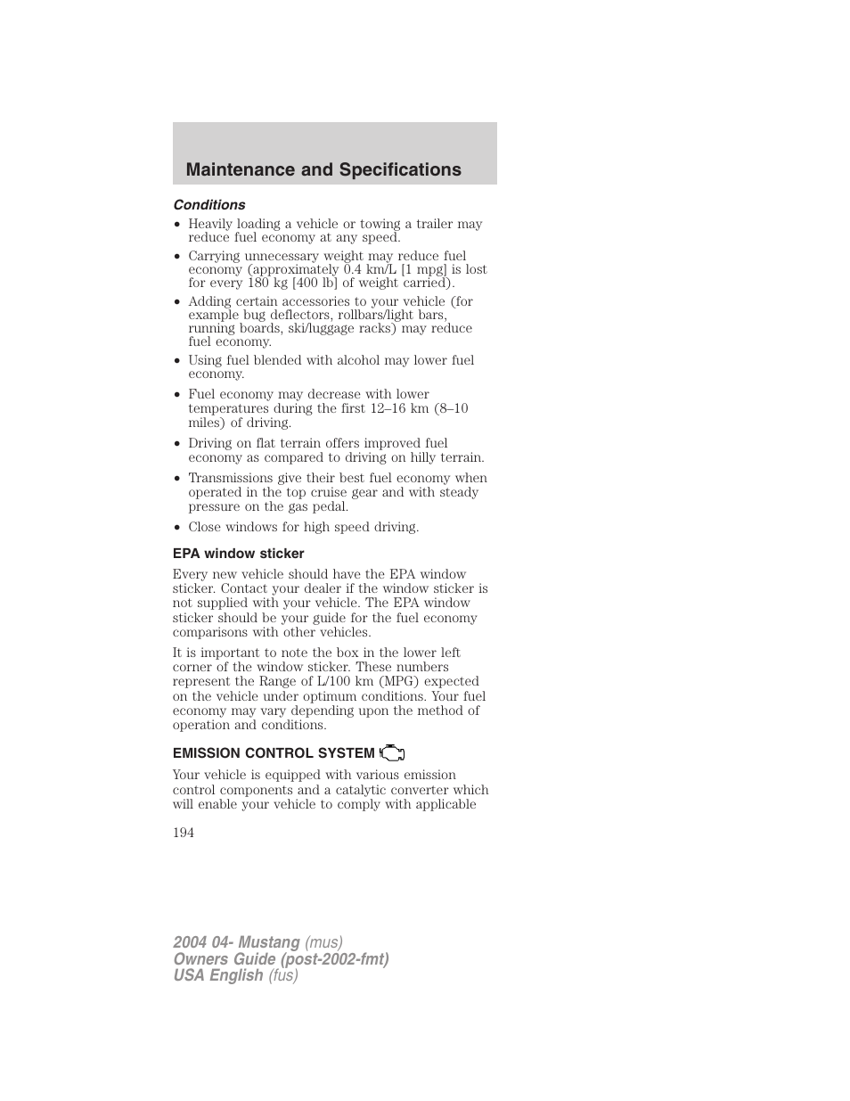 Maintenance and specifications | FORD 2004 Mustang v.3 User Manual | Page 194 / 240