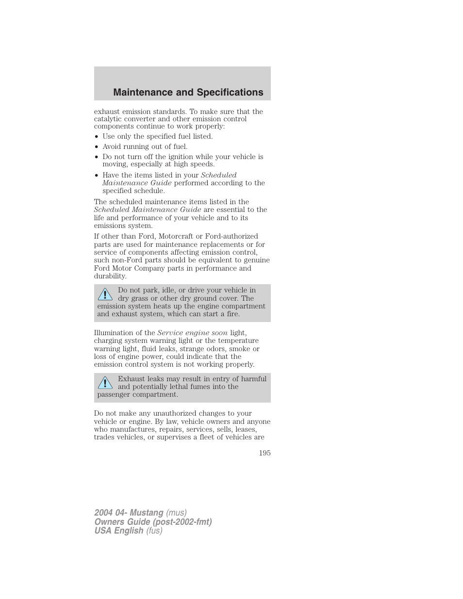 Maintenance and specifications | FORD 2004 Mustang v.3 User Manual | Page 195 / 240