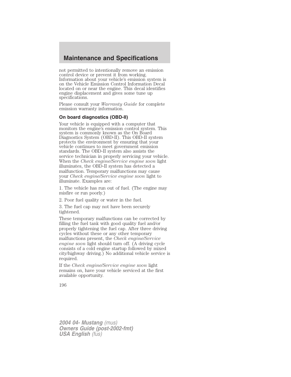 Maintenance and specifications | FORD 2004 Mustang v.3 User Manual | Page 196 / 240