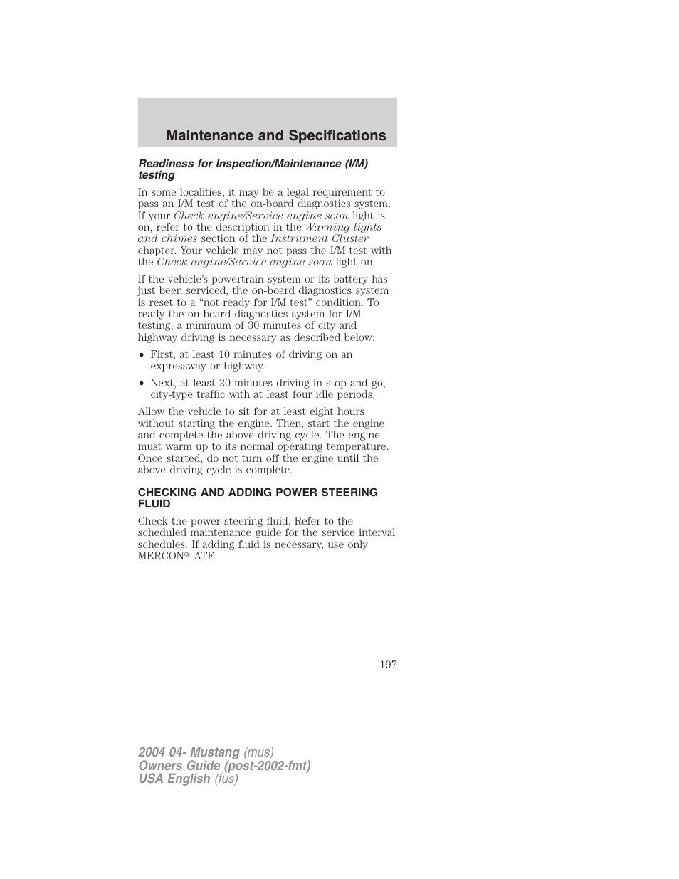 Maintenance and specifications | FORD 2004 Mustang v.3 User Manual | Page 197 / 240