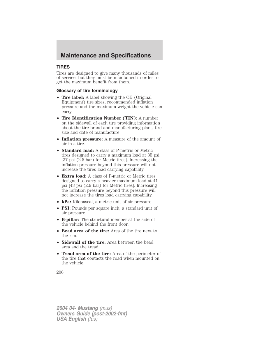 Maintenance and specifications | FORD 2004 Mustang v.3 User Manual | Page 206 / 240