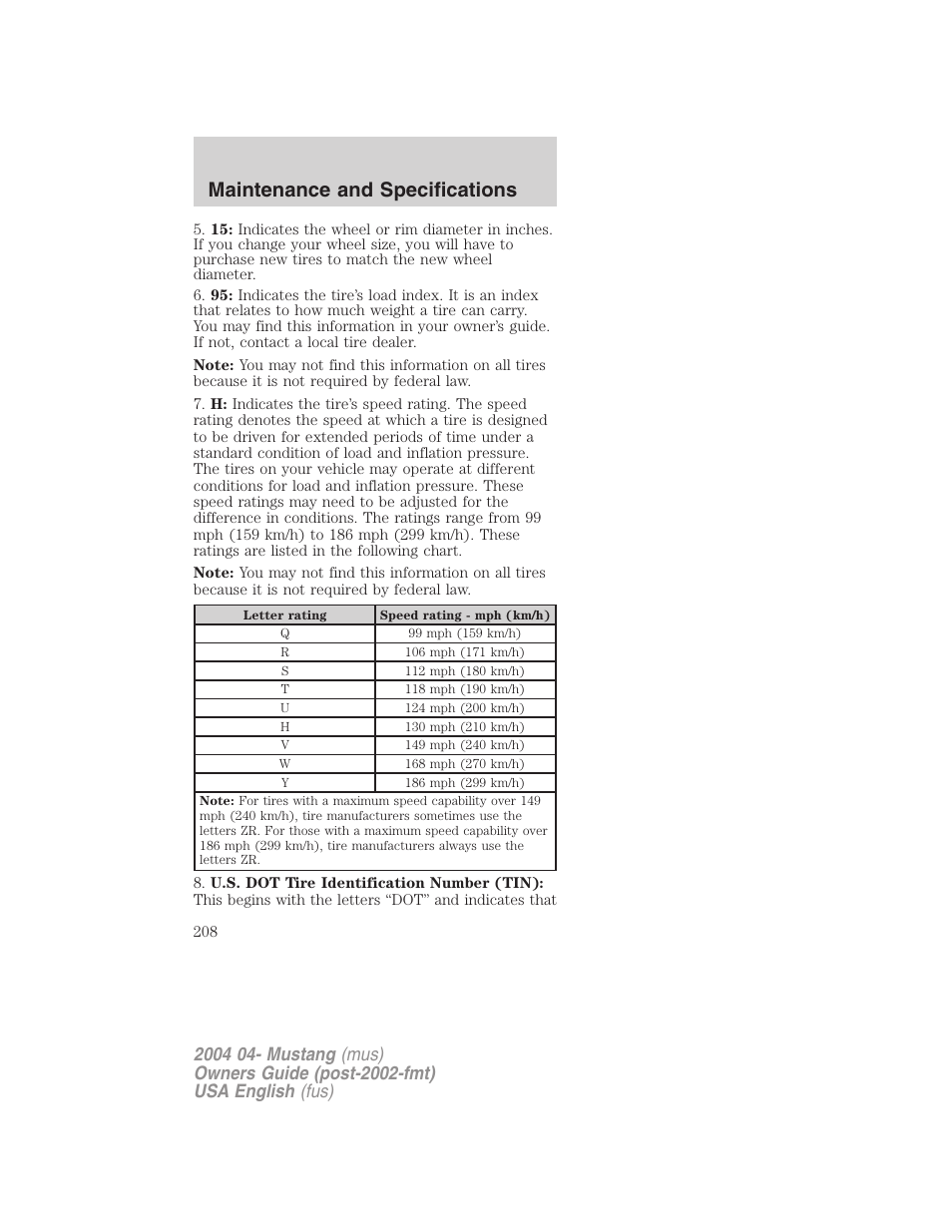 Maintenance and specifications | FORD 2004 Mustang v.3 User Manual | Page 208 / 240