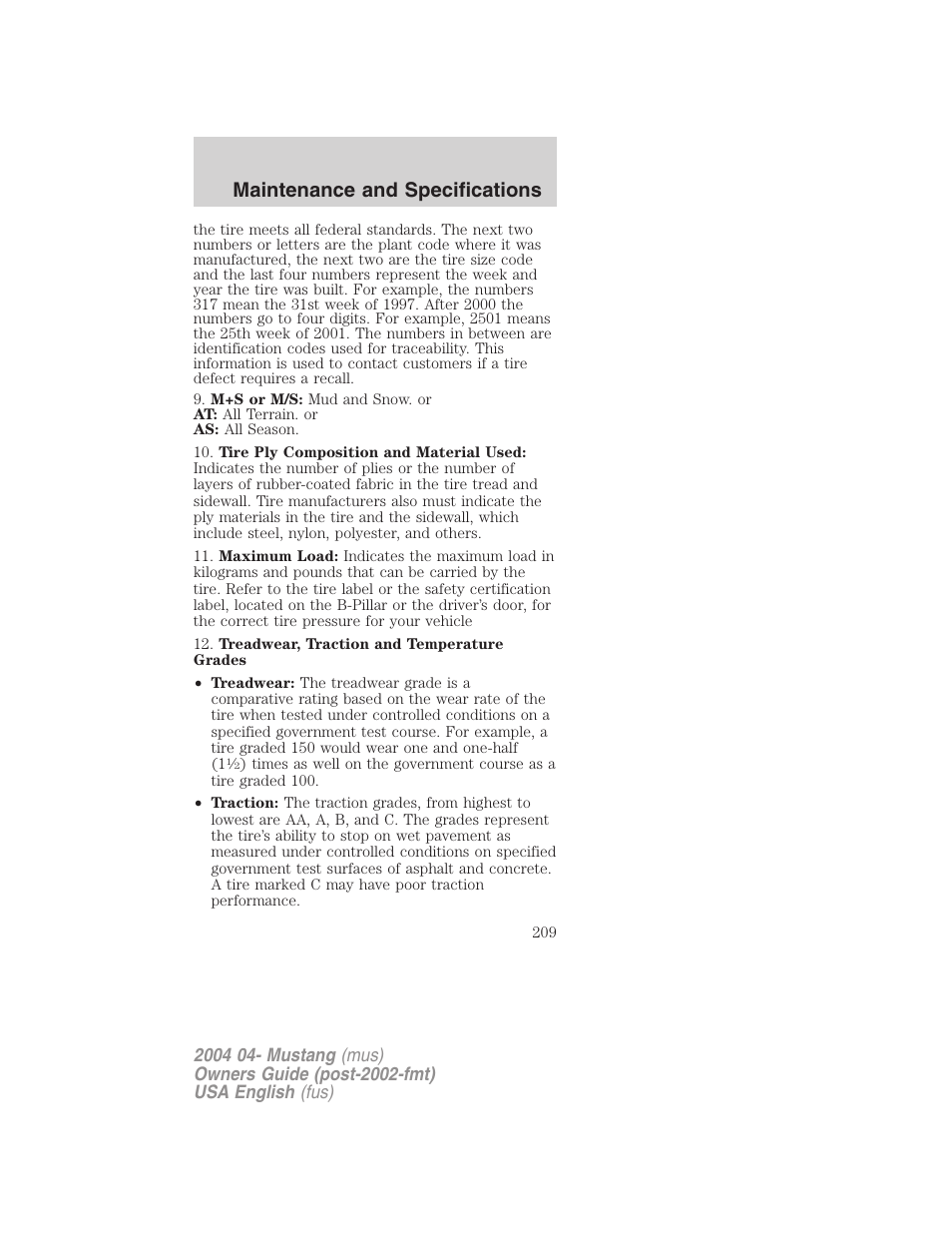 Maintenance and specifications | FORD 2004 Mustang v.3 User Manual | Page 209 / 240