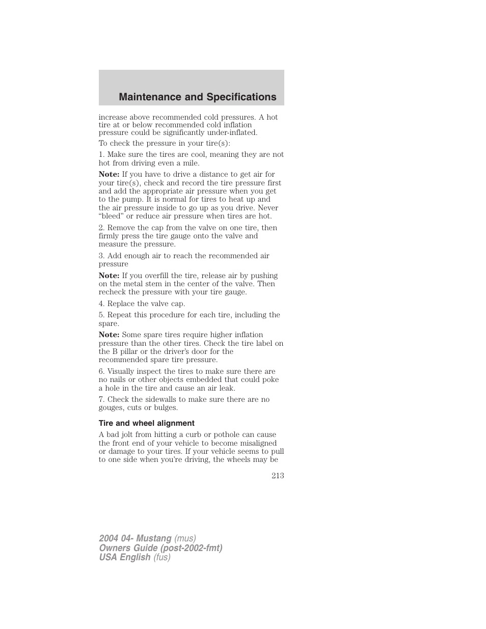 Maintenance and specifications | FORD 2004 Mustang v.3 User Manual | Page 213 / 240