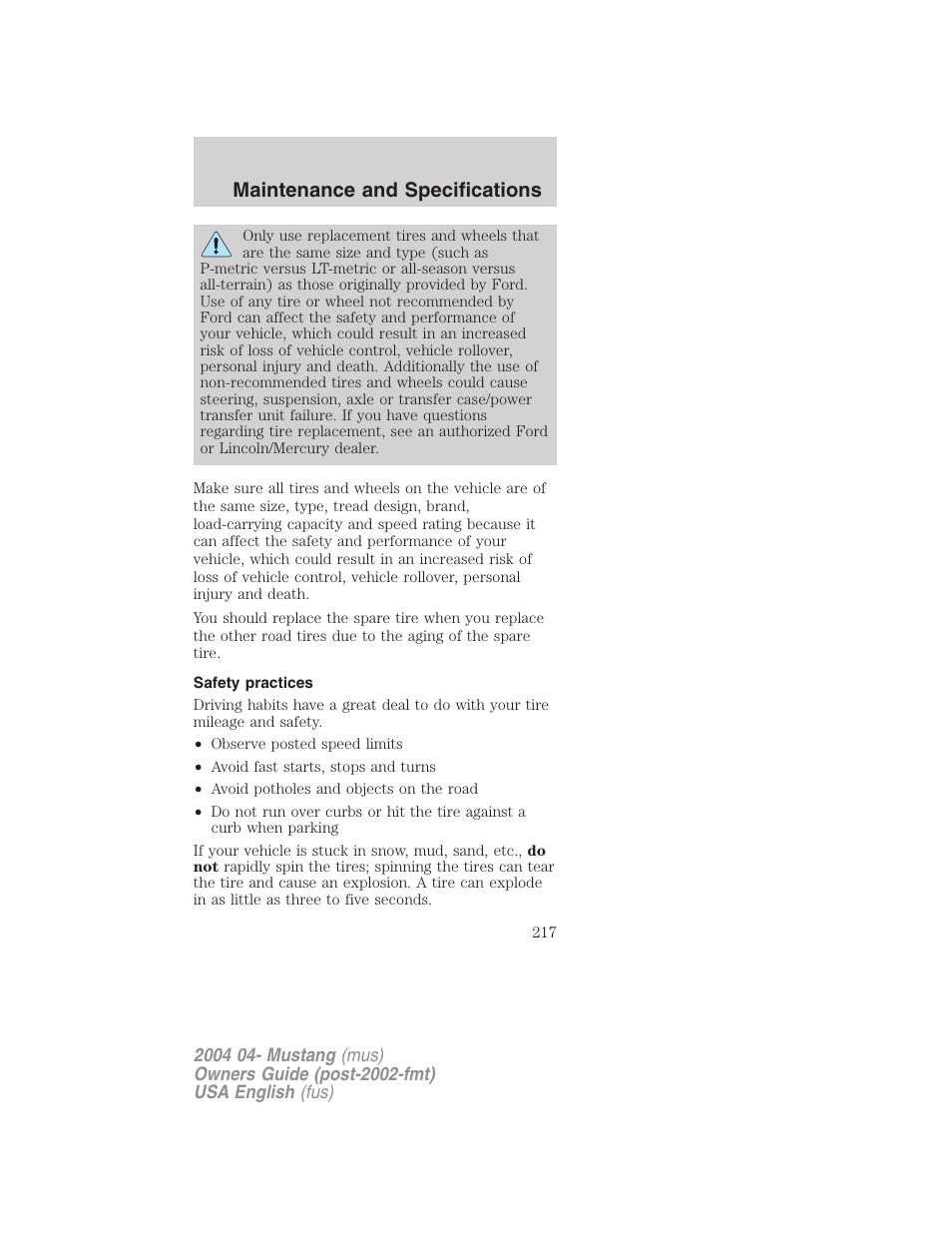 Maintenance and specifications | FORD 2004 Mustang v.3 User Manual | Page 217 / 240