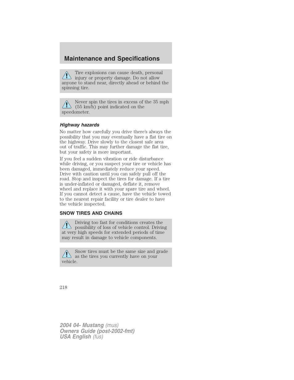 Maintenance and specifications | FORD 2004 Mustang v.3 User Manual | Page 218 / 240