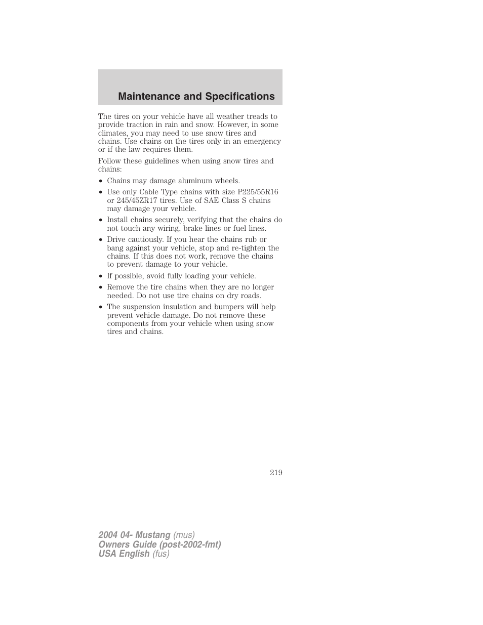 Maintenance and specifications | FORD 2004 Mustang v.3 User Manual | Page 219 / 240