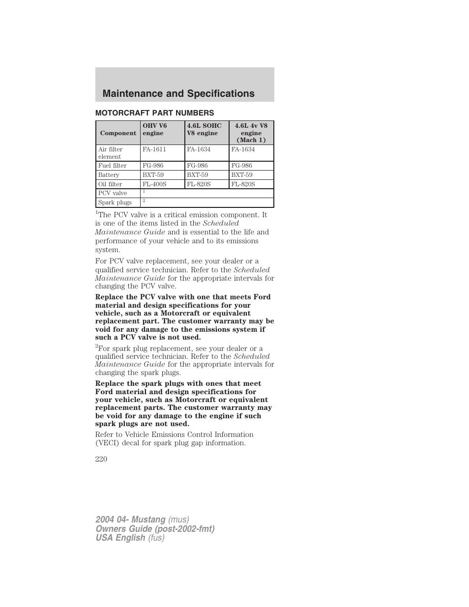 Maintenance and specifications | FORD 2004 Mustang v.3 User Manual | Page 220 / 240