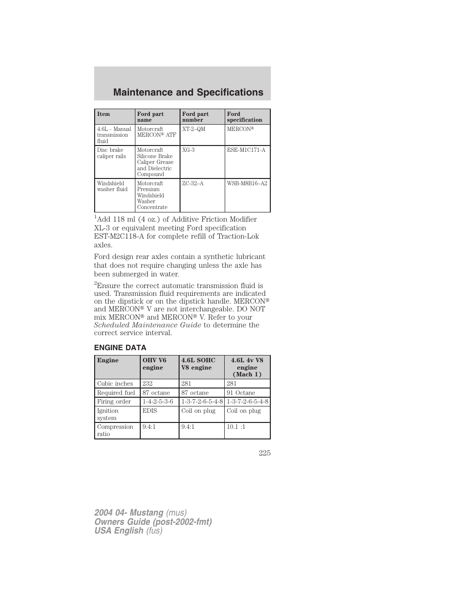 Maintenance and specifications | FORD 2004 Mustang v.3 User Manual | Page 225 / 240