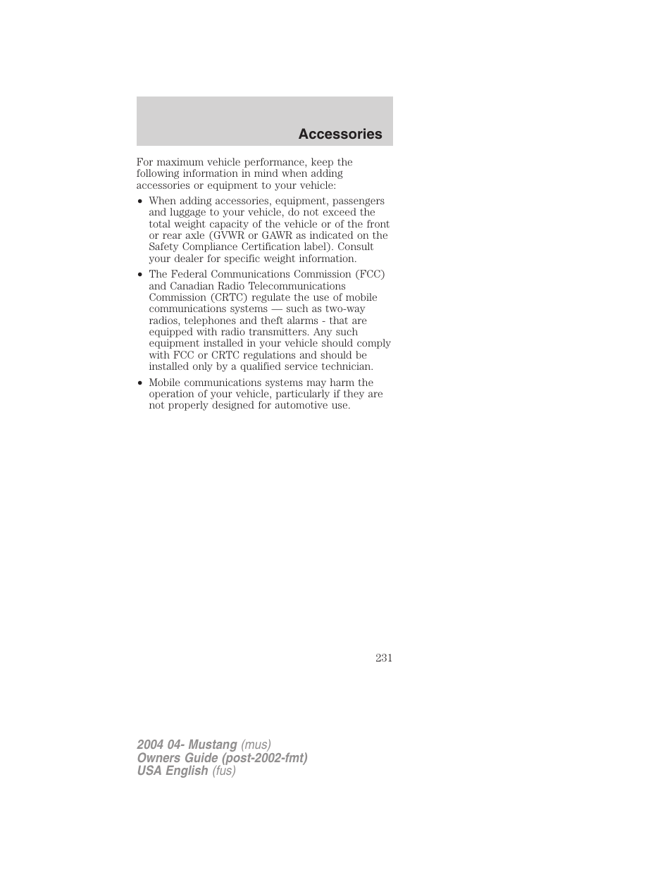 Accessories | FORD 2004 Mustang v.3 User Manual | Page 231 / 240