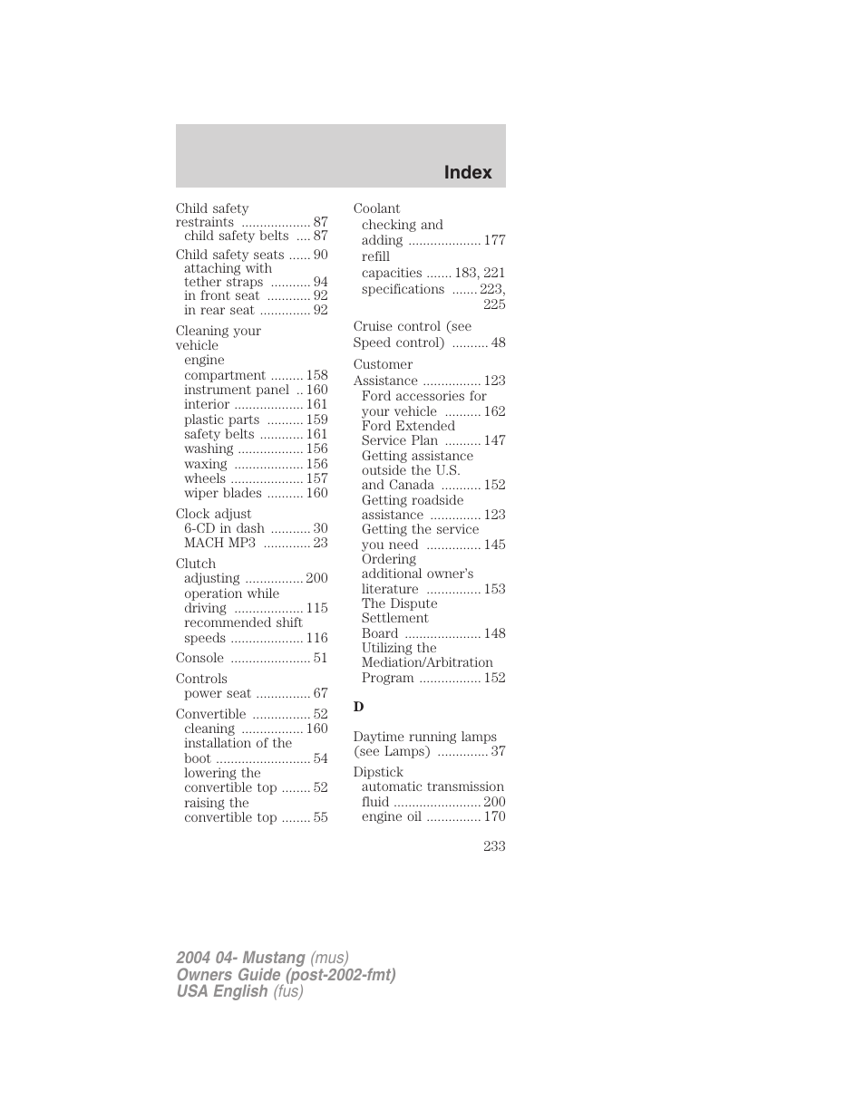Index | FORD 2004 Mustang v.3 User Manual | Page 233 / 240
