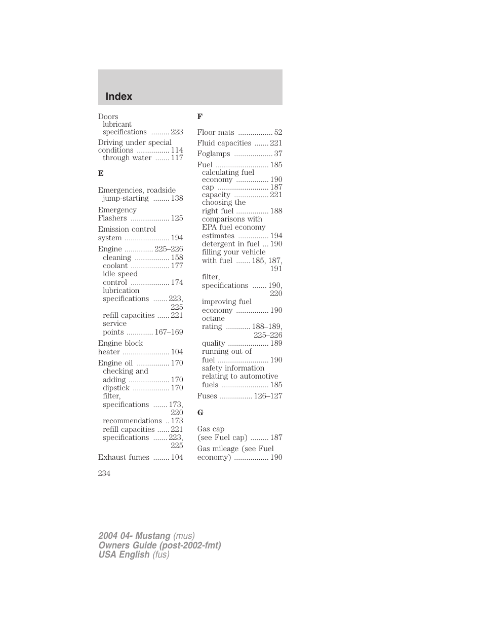 Index | FORD 2004 Mustang v.3 User Manual | Page 234 / 240